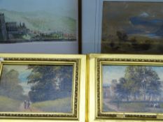 M DONAT gilt framed oils on board, a pair - depicting figures in a rural landscape and ditto on a