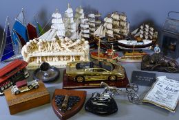 ORNAMENTAL ITEMS to include vehicles, ships on plinths, Disciples model and assorted other items