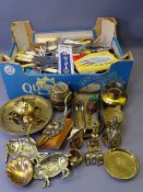 LOOSE EPNS & OTHER CUTLERY with a selection of vintage and later brassware ETC (within two boxes)