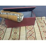 VINTAGE UPHOLSTERED PINE BOX, raffia type rug and a wool stitched hessian type throw/bed cover,