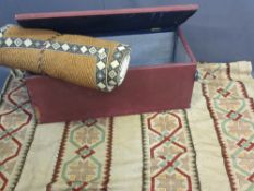 VINTAGE UPHOLSTERED PINE BOX, raffia type rug and a wool stitched hessian type throw/bed cover,