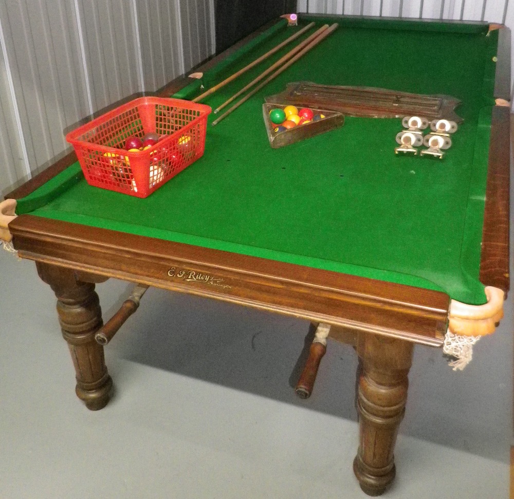 RILEY OAK DINING TABLE/HALF SIZE SNOOKER TABLE with handle adjustments, a set of six high back oak