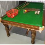 RILEY OAK DINING TABLE/HALF SIZE SNOOKER TABLE with handle adjustments, a set of six high back oak