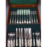 OAK CANTEEN CONTAINING NINE ALL-METAL FISH KNIVES & FORKS with floral patterned blades ETC and