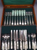 OAK CANTEEN CONTAINING NINE ALL-METAL FISH KNIVES & FORKS with floral patterned blades ETC and