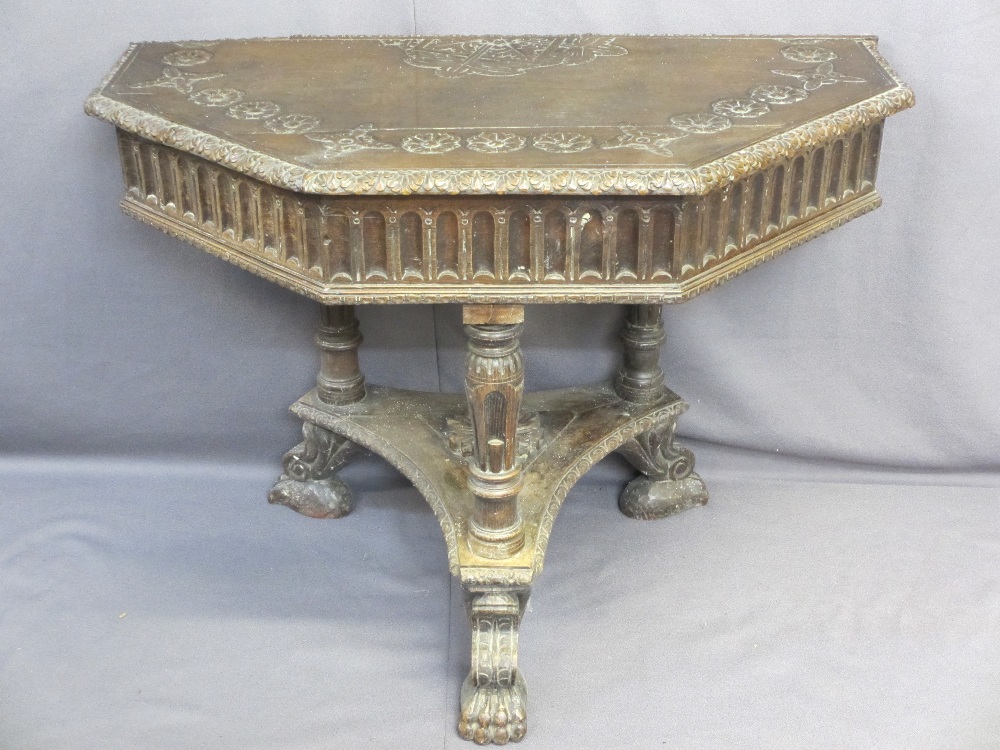 VICTORIAN GOTHIC OAK STYLE CARVED HALL TABLE, 80cms H, 112cms W, 56.5cms D