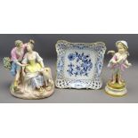 MEISSEN SQUARE BLUE & WHITE FLORAL DISH with latticed border and gilt rims, 19cms square and two