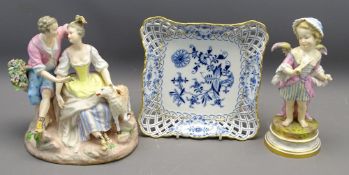 MEISSEN SQUARE BLUE & WHITE FLORAL DISH with latticed border and gilt rims, 19cms square and two