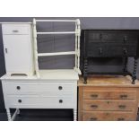 STRIPPED PINE & PAINTED BEDROOM FURNITURE, five items to include a three-drawer stripped pine chest,