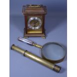 BRASSWARE, magnifying glass, heavy quality with mother of pearl handle and a small brass telescope
