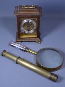 BRASSWARE, magnifying glass, heavy quality with mother of pearl handle and a small brass telescope