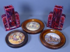 ART DECO STYLE VASES, a pair and three Prattware pot lids, three in wooden frames