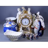 JULIANA MANTEL CLOCK, composition Parian type figures, planters ETC