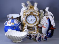 JULIANA MANTEL CLOCK, composition Parian type figures, planters ETC