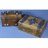 A WALNUT DOME TOPPED CADDY, 16cms H, 24cms W, 11cms D and a box, both set with cabochon hard stones