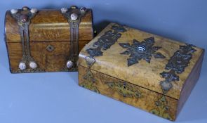 A WALNUT DOME TOPPED CADDY, 16cms H, 24cms W, 11cms D and a box, both set with cabochon hard stones