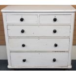 VICTORIAN PAINTED CHEST of two short over three long drawers with turned wooden knobs and bun
