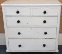 VICTORIAN PAINTED CHEST of two short over three long drawers with turned wooden knobs and bun