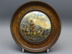 PRATTWARE CIRCULAR POT LID with scene of children fishing, in an oak frame, lid size 10cms diameter