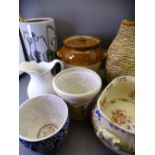 FLORAL DECORATED FOOT BATH, decorative planters, stoneware vessels and a modern pottery stick/