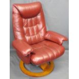 ULTRA MODERN RED LEATHER EFFECT STRESSLESS ARMCHAIR with reclining action on a swivel base, 102.5cms