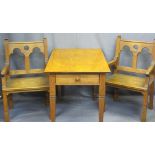 CIRCA 1900 GOTHIC OAK STYLE ARMCHAIRS, a pair and a rectangular top table with twin-end drawers on