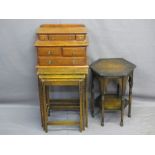 DESKTOP OAK COLLECTOR'S CHEST, nest of three oak tables, hexagonal two-tier occasional table,