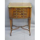 INLAID MAHOGANY NEEDLEWORK CABINET, shaped top with glass protector opening to reveal interior