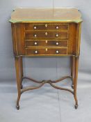 INLAID MAHOGANY NEEDLEWORK CABINET, shaped top with glass protector opening to reveal interior