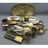 MIXED PARCEL OF EPNS - two galleried trays, coasters, mixed cutlery, chamberstick, two pewter