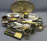 MIXED PARCEL OF EPNS - two galleried trays, coasters, mixed cutlery, chamberstick, two pewter