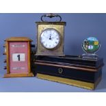 VINTAGE OAK DESKTOP CALENDAR, another Scottish themed desktop calendar, cash box and a mantel clock
