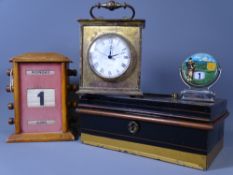 VINTAGE OAK DESKTOP CALENDAR, another Scottish themed desktop calendar, cash box and a mantel clock