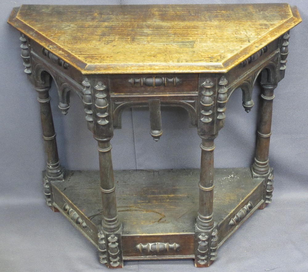 VINTAGE OAK GOTHIC STYLE HALL TABLE, shaped top with single front drawer and arched apron on