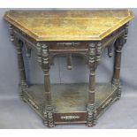 VINTAGE OAK GOTHIC STYLE HALL TABLE, shaped top with single front drawer and arched apron on