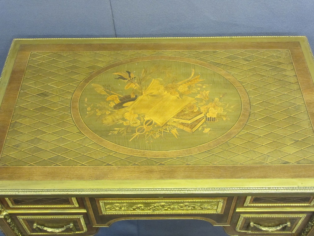 LOUIS XVI STYLE KINGWOOD, INLAID & GILT ORMOLU WRITING DESK, the gilt brass rectangular top with - Image 4 of 12