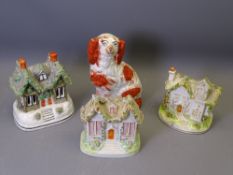 THREE STAFFORDSHIRE POTTERY COTTAGES (all with cracks/chips) and a small Staffordshire red and white