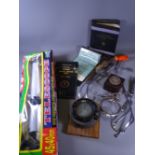 GIMBAL COMPASS ON A WOODEN PLINTH, boxed telescope and an assortment of other collectables and