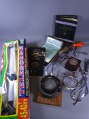 GIMBAL COMPASS ON A WOODEN PLINTH, boxed telescope and an assortment of other collectables and