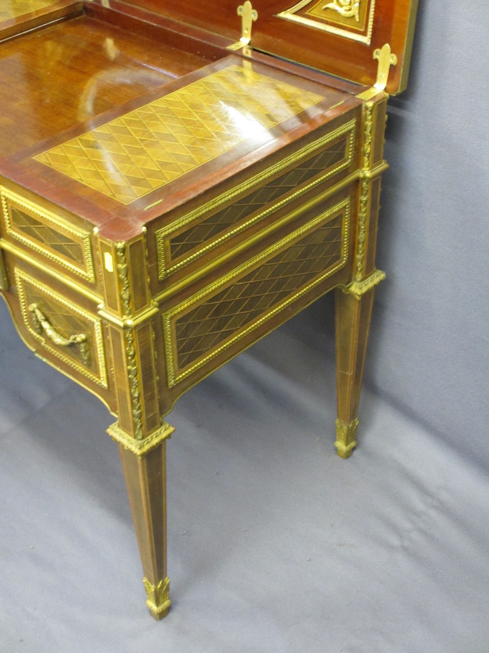 LOUIS XVI STYLE KINGWOOD, INLAID & GILT ORMOLU WRITING DESK, the gilt brass rectangular top with - Image 10 of 12