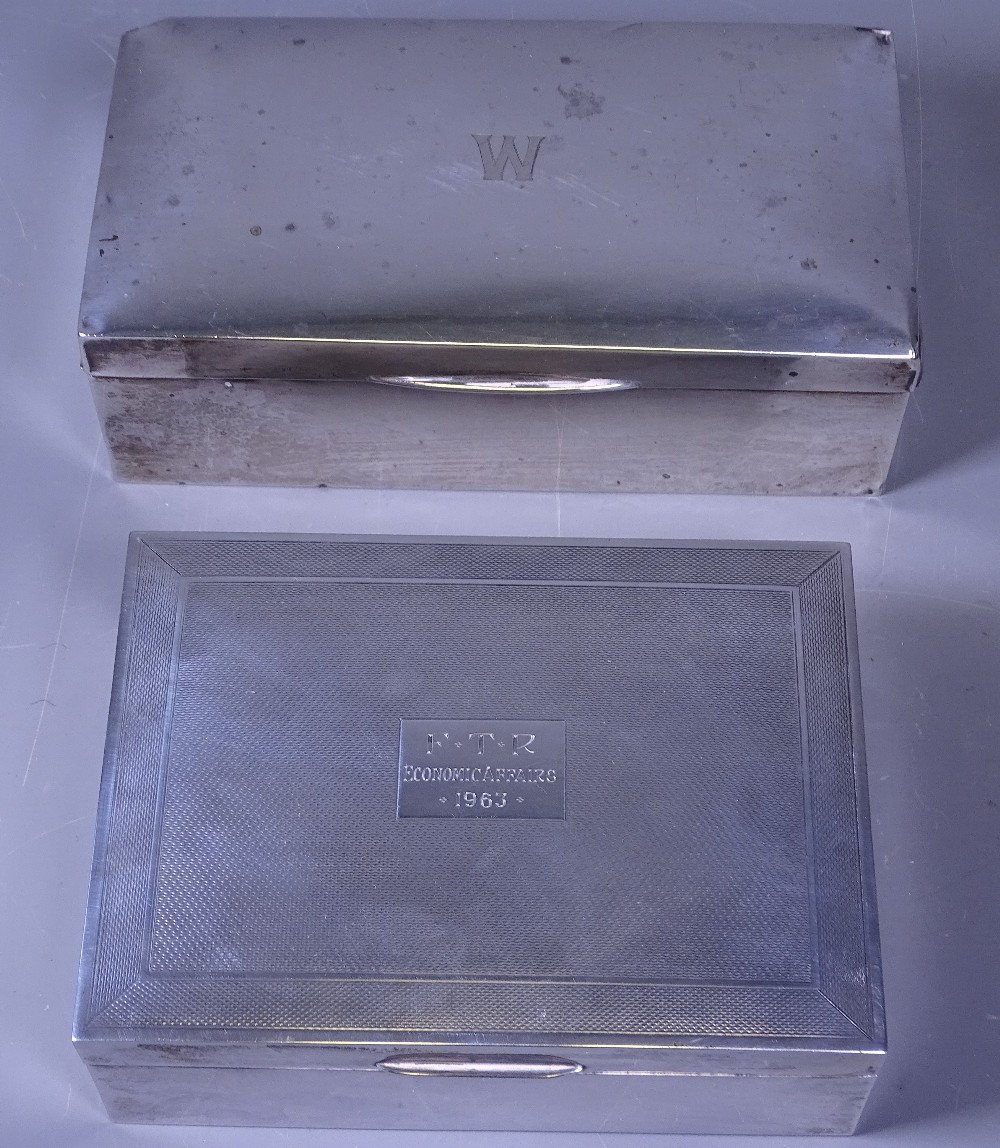 SILVER CIGARETTE BOX - finely preserved, engine turned lid with inscription 'F T R, Economic Affairs