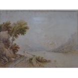 ANTHONY VAN DYKE COPLEY FIELDING watercolour - lake scene with two figures fishing on a track,