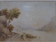 ANTHONY VAN DYKE COPLEY FIELDING watercolour - lake scene with two figures fishing on a track,