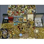 GOLD COLOUR & OTHER COSTUME JEWELLERY, rings with a large mixed quantity of clip-on earrings