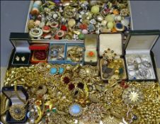 GOLD COLOUR & OTHER COSTUME JEWELLERY, rings with a large mixed quantity of clip-on earrings