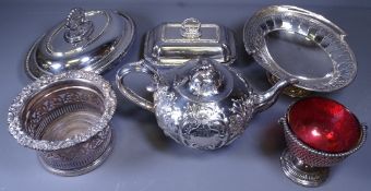 EPNS PARCEL - two lidded vegetable dishes, one oval, one oblong, a floral globular teapot, wine