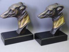 STYLISH MODERN BRONZED METAL BOOKENDS in the form of Greyhound heads with gilt collars, 22cm