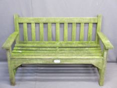 TEAK GARDEN BENCH, slatted seats and back with end arms, 82cms H, 127cms W, 48cms seat D