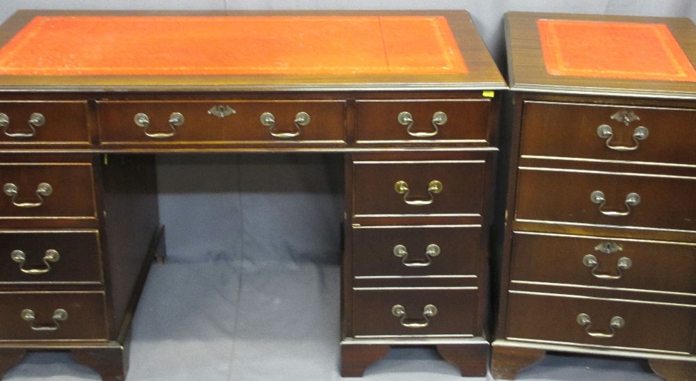 REPRODUCTION MAHOGANY PEDESTAL DESK & MATCHING FILING CABINET with inset gilt tooled red leather