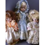 PORCELAIN HEADED DOLLS ON STANDS, two marked 'GWWD ?', the tallest Hilary by Diana Effner 'The